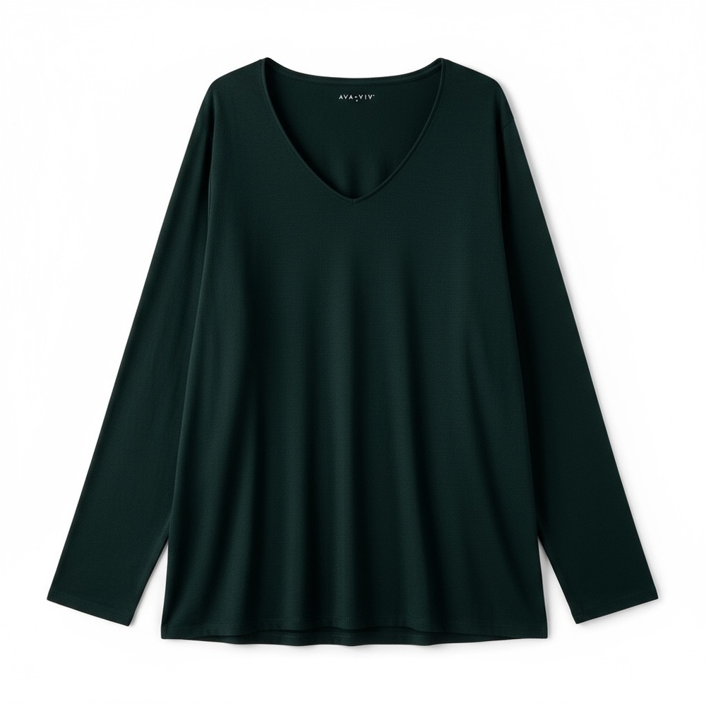 Ava & Viv Dark Green Long Sleeve V-Neck Tee – 3X Super Stretchy Basic Top - Picture 3 of 6